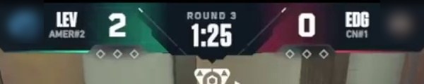 The score bar from a VCT broadcast: 2 to 0, round 3, 1:25 left on the timer.